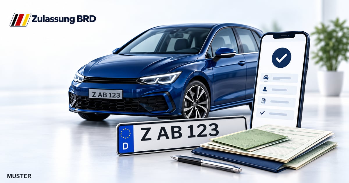 Online Fahrzeugzulassung in Hohenstein-Ernstthal: Musterkennzeichen Z AB 123, Auto und Fahrzeugpapiere und Smartphone. Illustration mit Logo von Zulassung BRD.